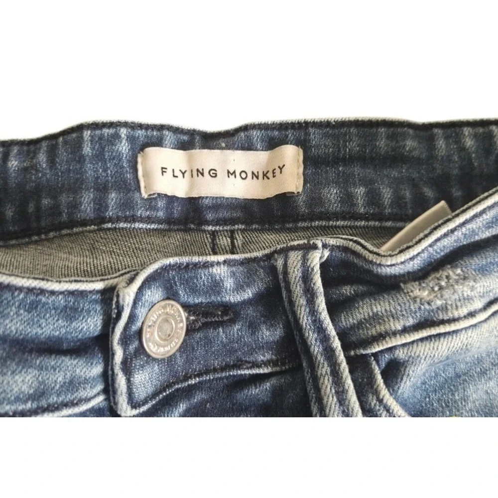 Flying Monkey Jeans — Size 29, Medium Wash, Distressed Knee + Frayed Hem